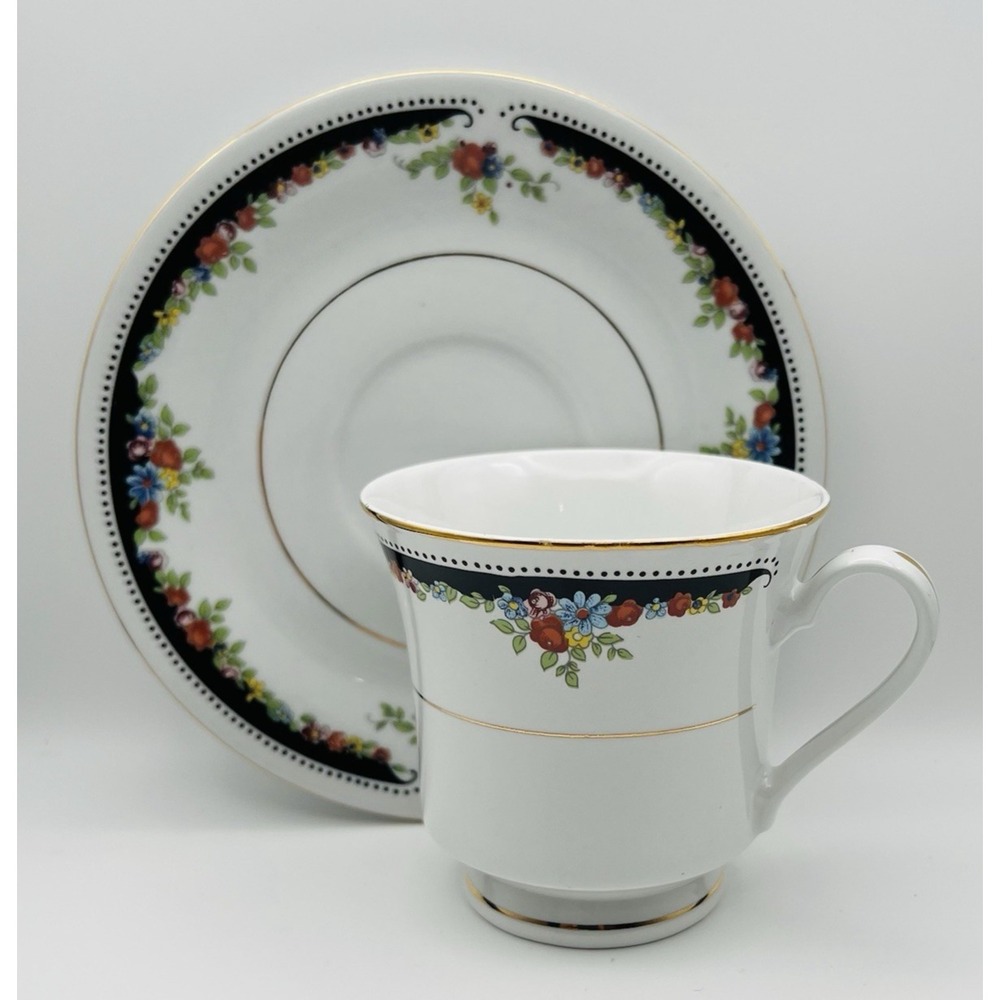 Truly Tasteful Fine China Teacup Saucer Floral Garland Black Gold Trim Tea Set